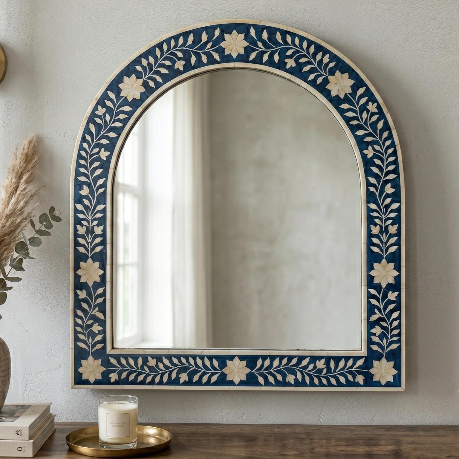 Navy Blue Floral Bone Inlay Arch Mirror Luxury Wall Decor Vanity Decor
