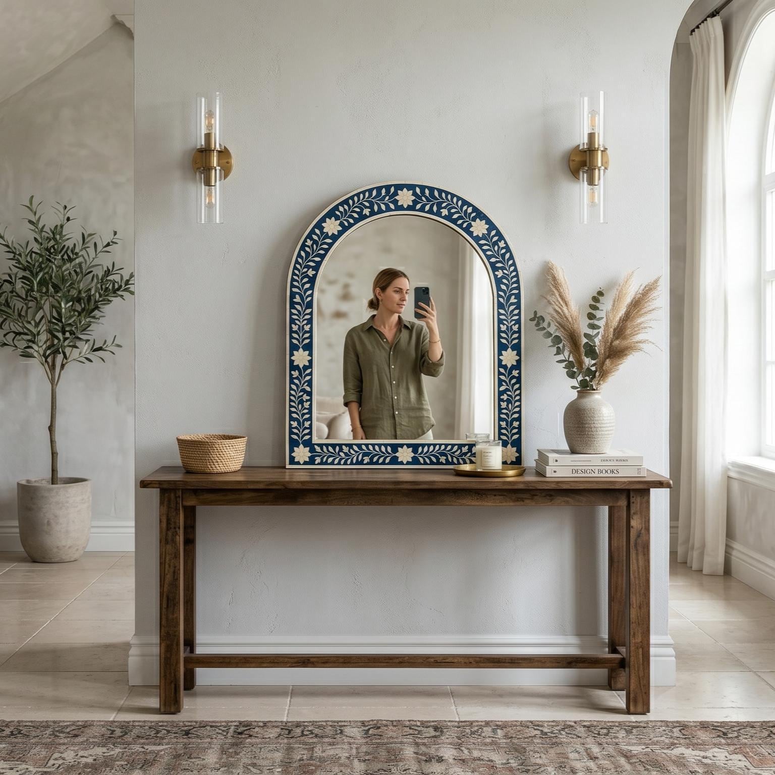 Navy Blue Floral Bone Inlay Arch Mirror Luxury Wall Decor Vanity Decor