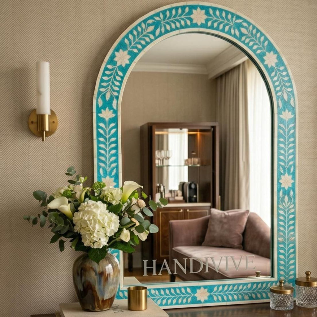 Turquoise Floral Bone Inlay Arch Mirror Luxury Wall Decor
