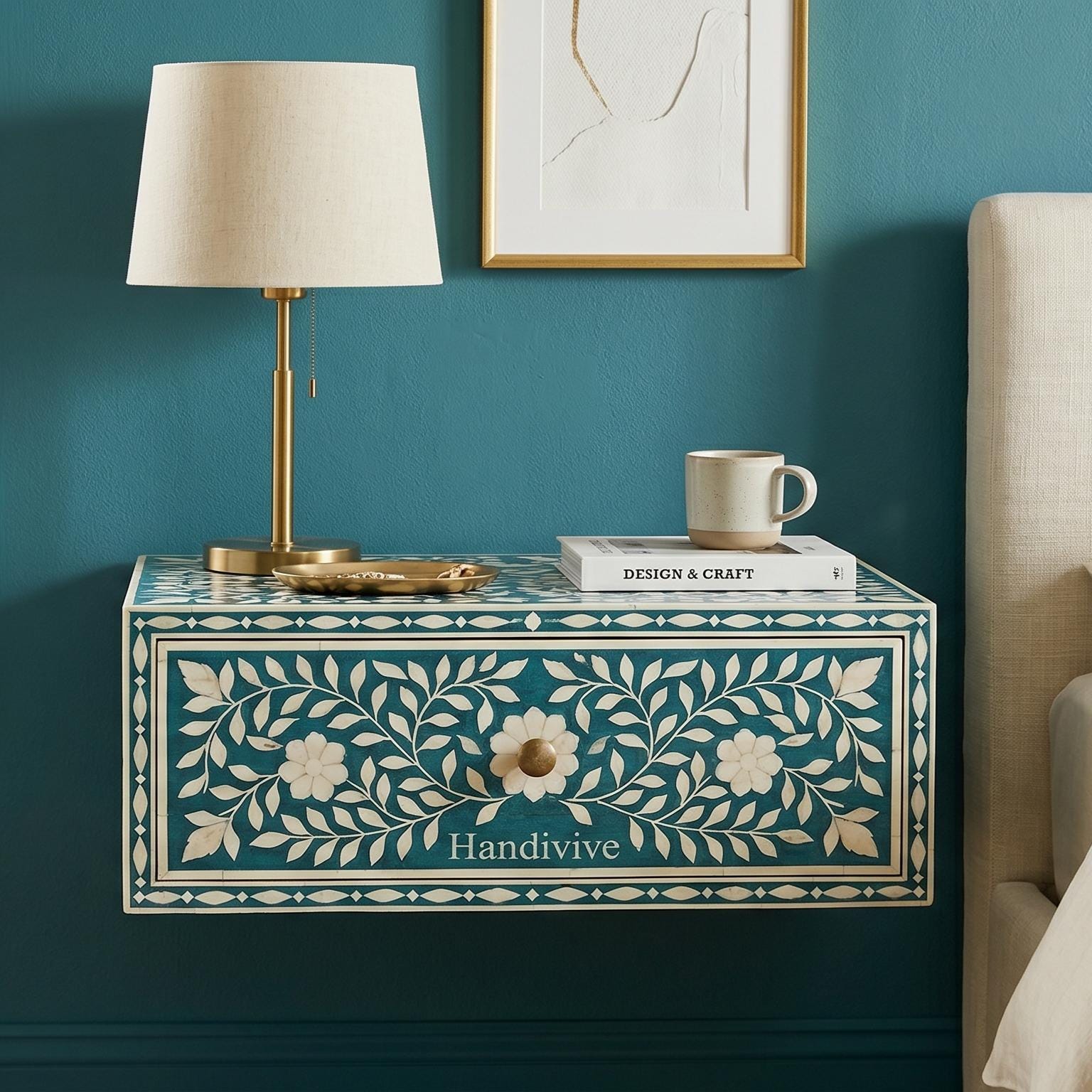 Wall Mounted Bone Inlay Bedside Table Deep Turquoise floral Design