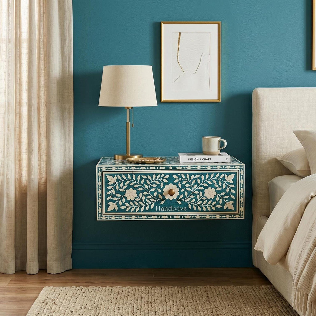 Wall Mounted Bone Inlay Bedside Table Deep Turquoise floral Design