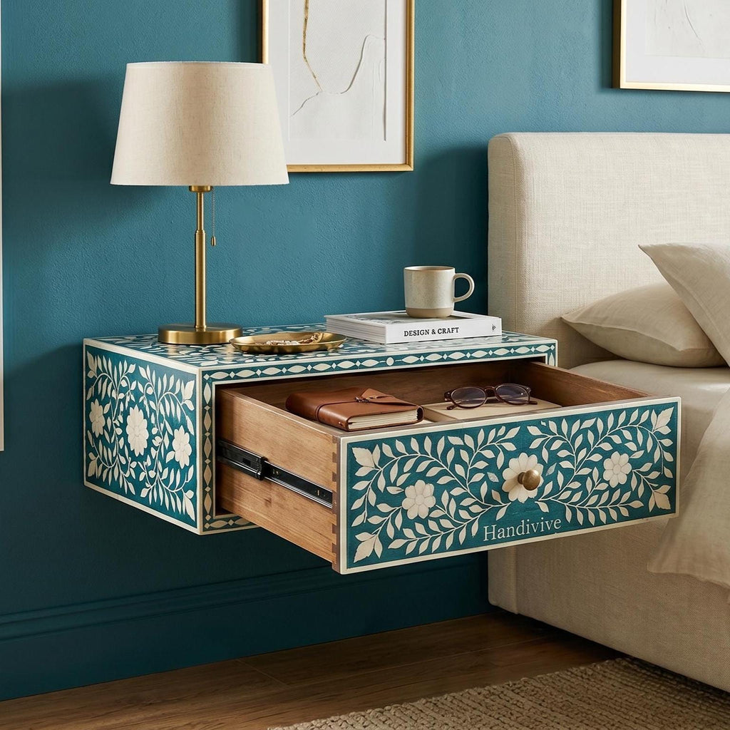 Wall Mounted Bone Inlay Bedside Table Deep Turquoise floral Design