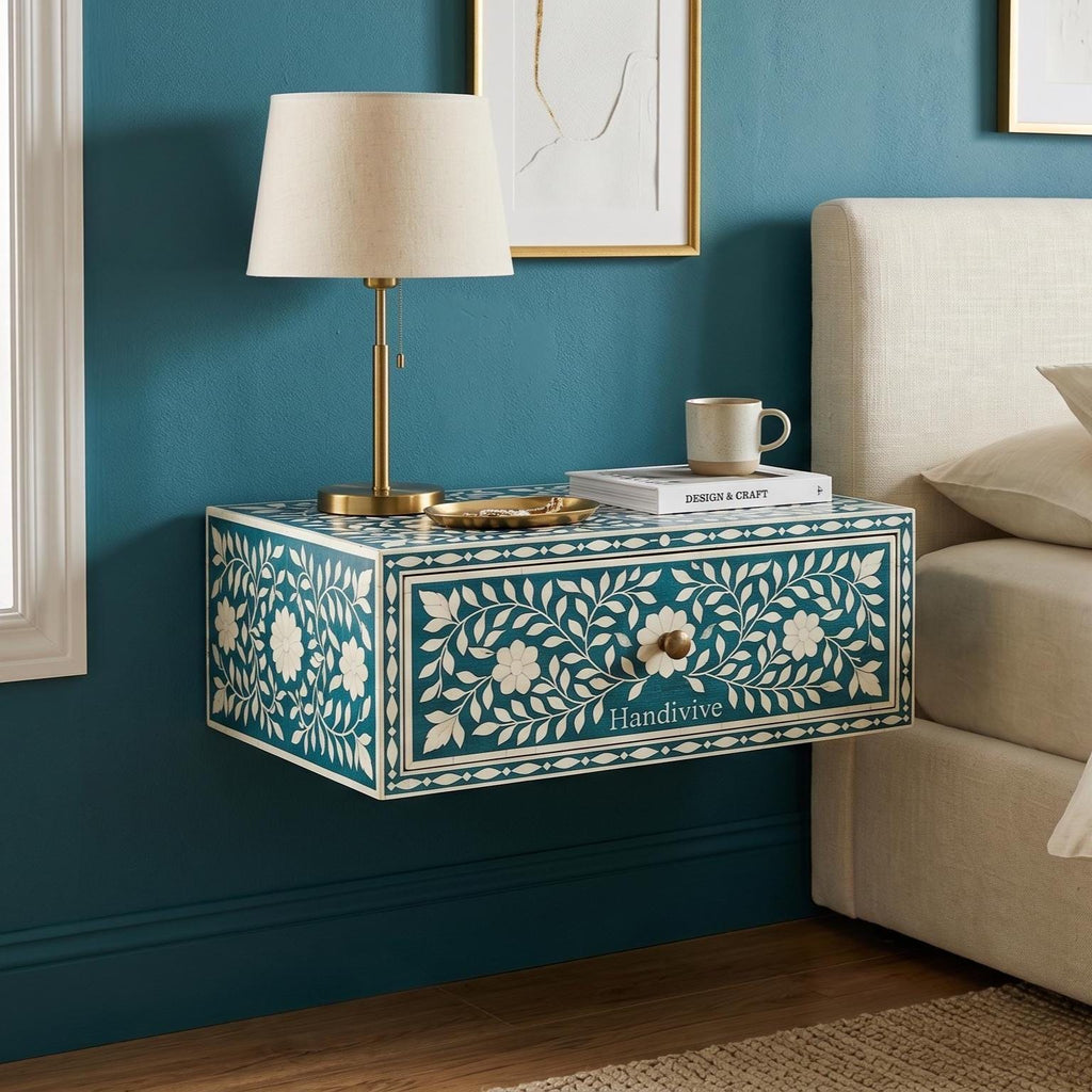 Wall Mounted Bone Inlay Bedside Table Deep Turquoise floral Design