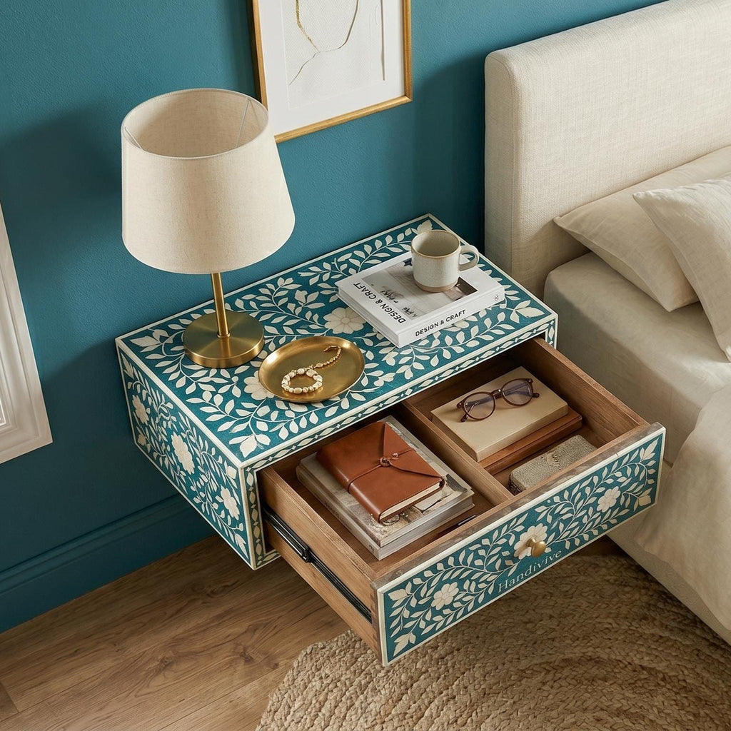 Wall Mounted Bone Inlay Bedside Table Deep Turquoise floral Design