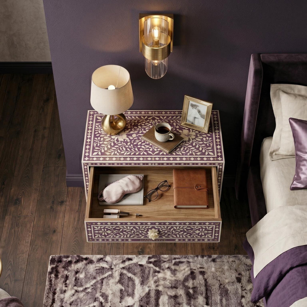 Royal Purple Bone Inlay Floating Bedside Table Mughal Floral Design
