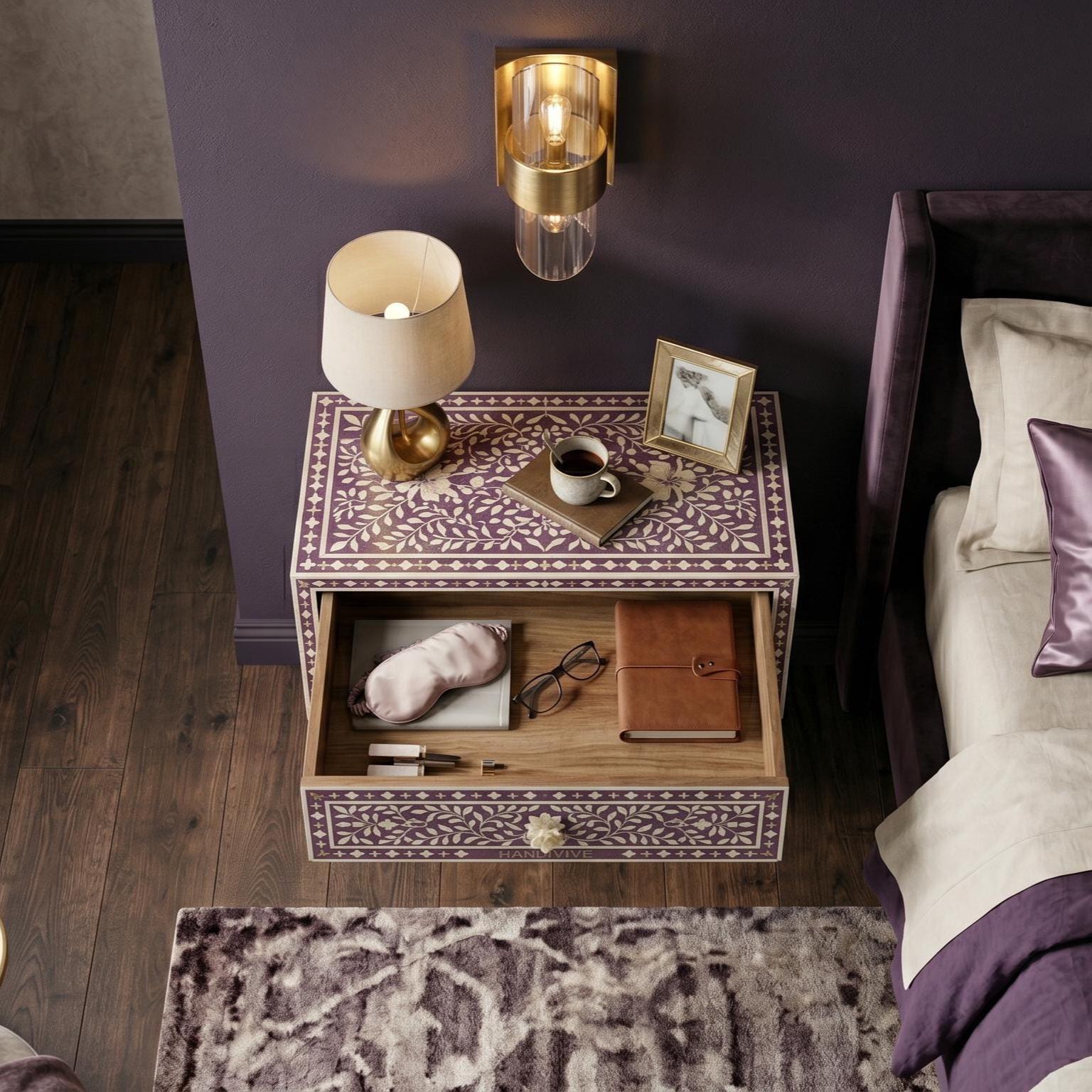 Royal Purple Bone Inlay Floating Bedside Table Mughal Floral Design