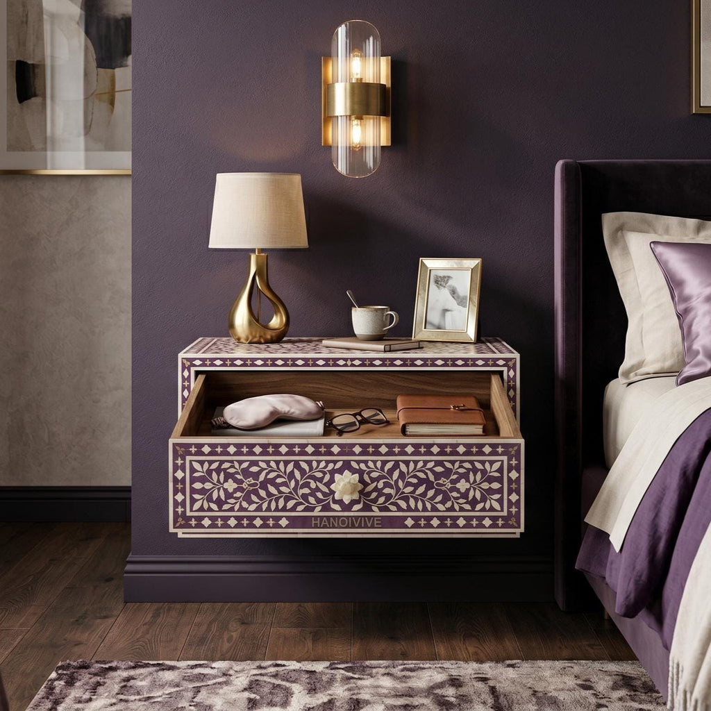 Royal Purple Bone Inlay Floating Bedside Table Mughal Floral Design