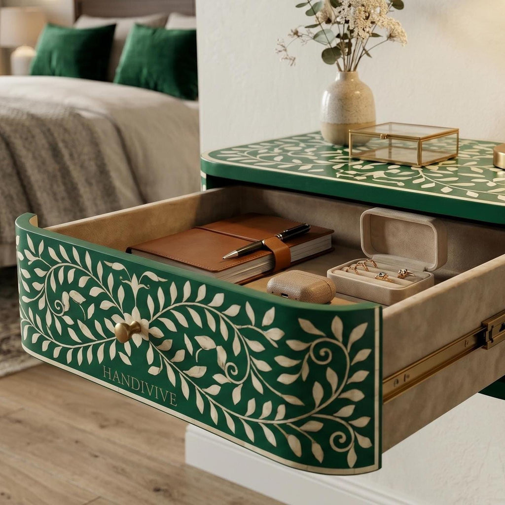 Floating Emerald Green Bone Inlay Nightstand Wall Mounted