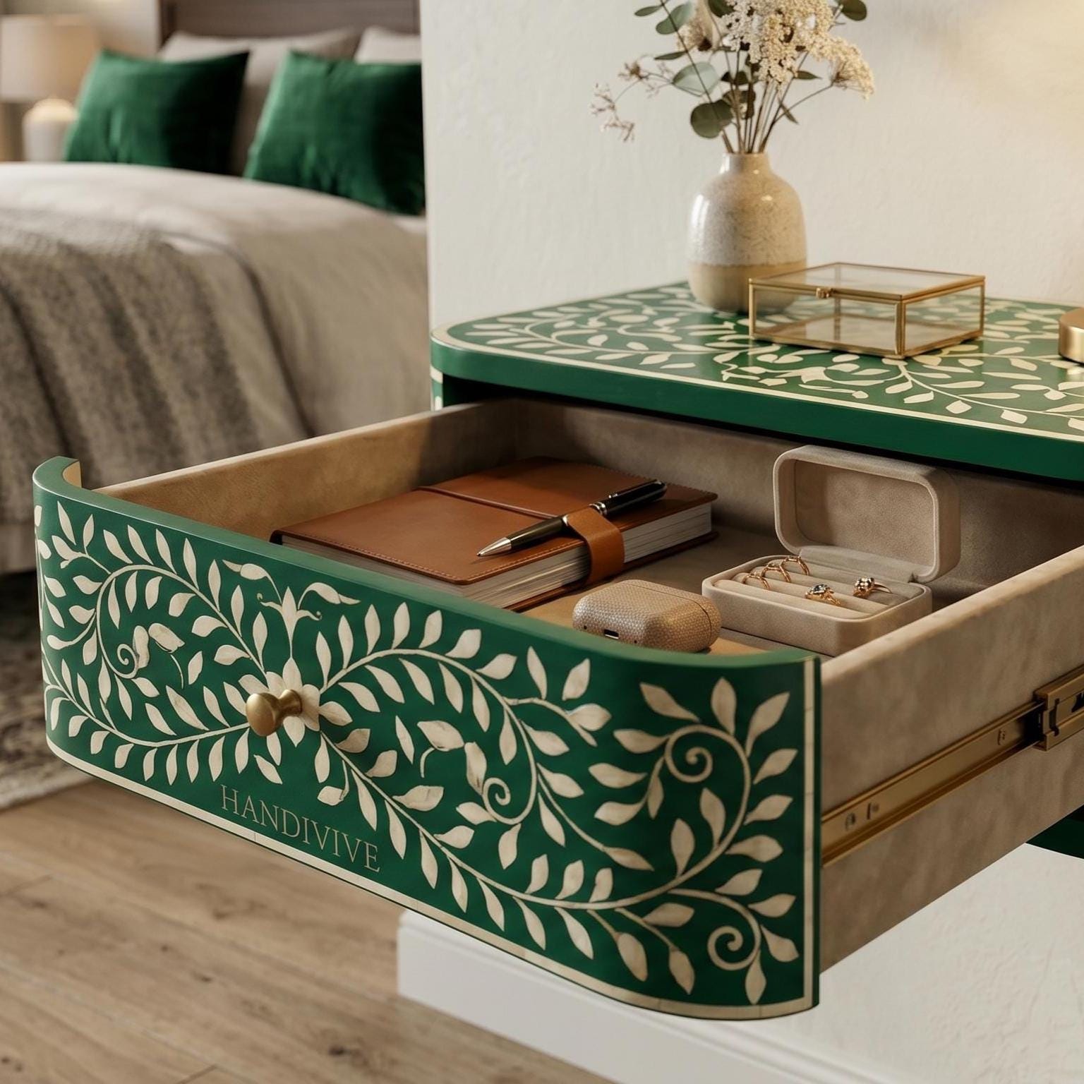 Floating Emerald Green Bone Inlay Nightstand Wall Mounted