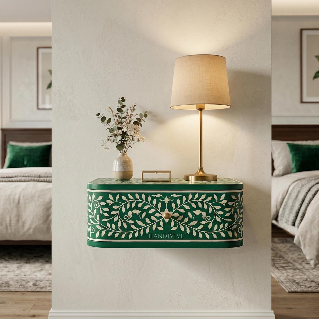 Floating Emerald Green Bone Inlay Nightstand Wall Mounted