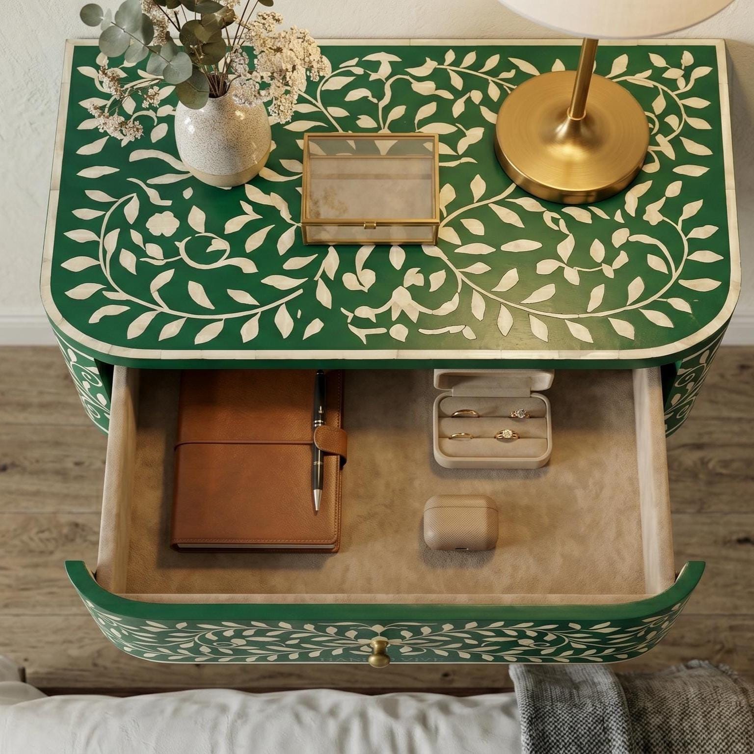 Floating Emerald Green Bone Inlay Nightstand Wall Mounted