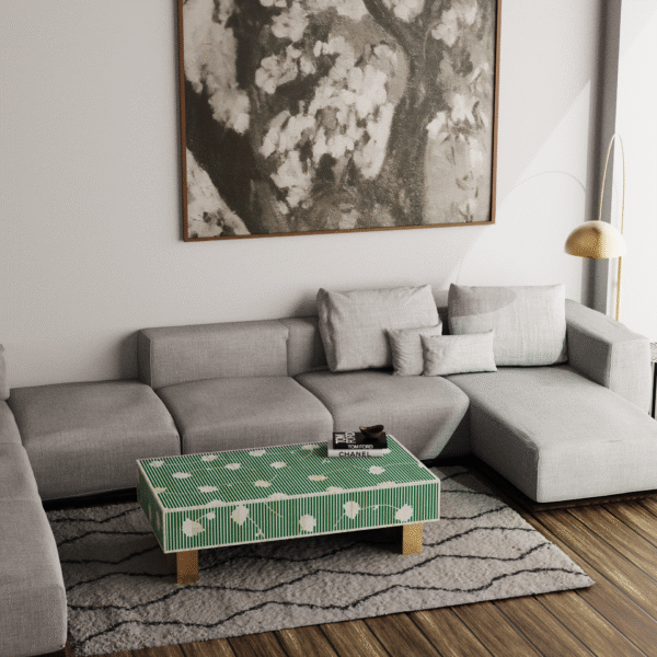 Handcrafted Green Rectangular Coffee Table with Bone Inlay Floral Motif