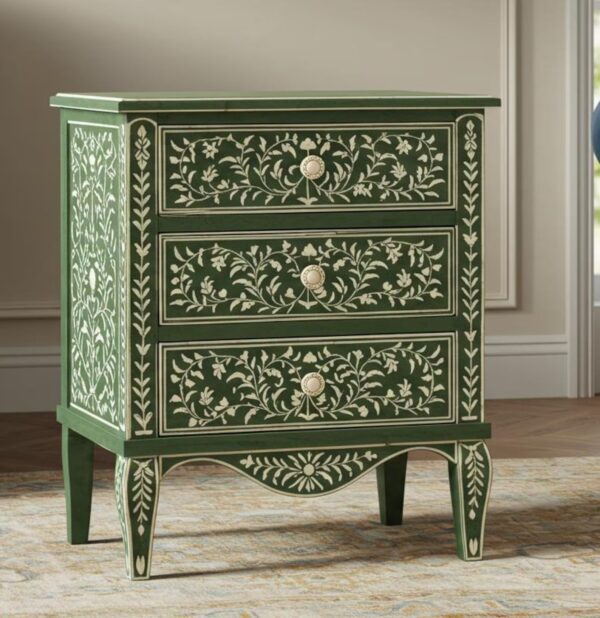 Green Bone Inlay Floral Bedside Table – Handcrafted Square Nightstand