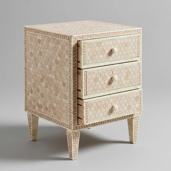 Handcrafted Pink Bone Inlay Nightstand with Honeycomb Pattern & Drawer | Luxury Artisan Bedside Table