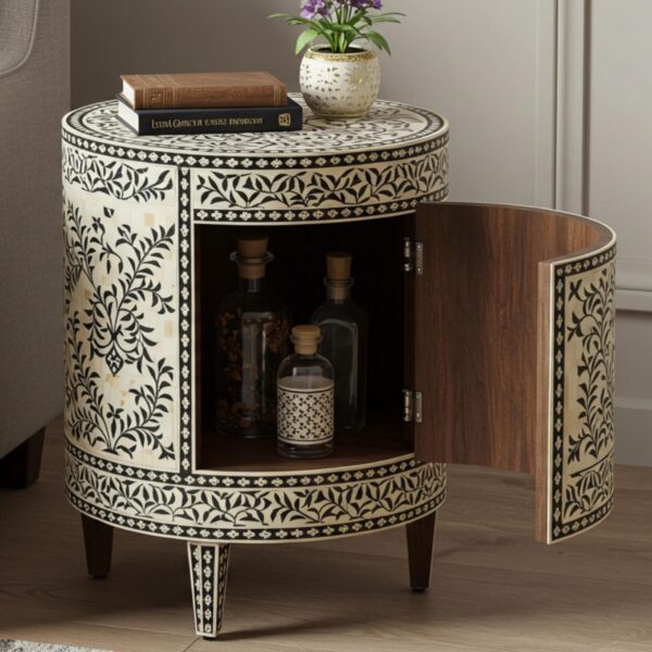 Bone Inlay Round Bedside Table – Handmade Floral bedside