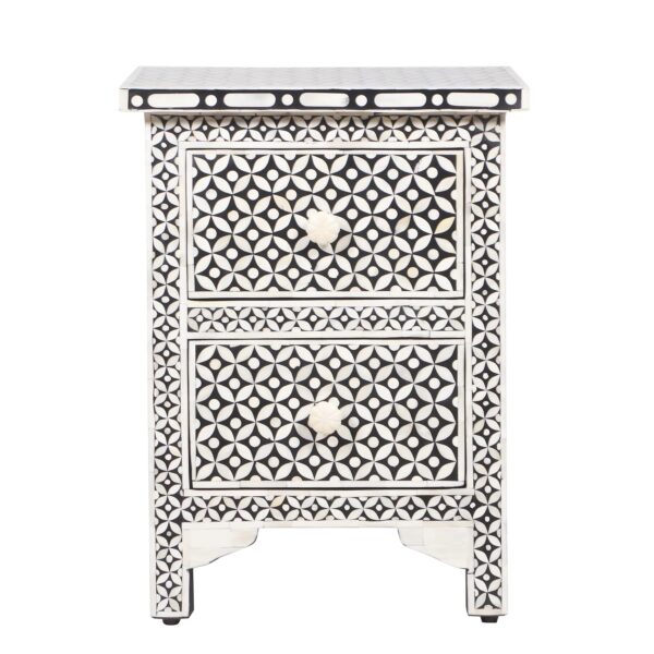 Bone Inlay 2 Drawer Bedside Table – Black Geometric