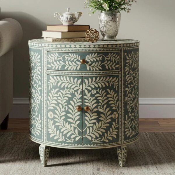 Bone Inlay Round Floral Bedside Table – Handmade Luxury Furniture