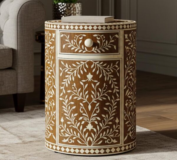Brown Bone Inlay Round Bedside Table – Floral Nightstand