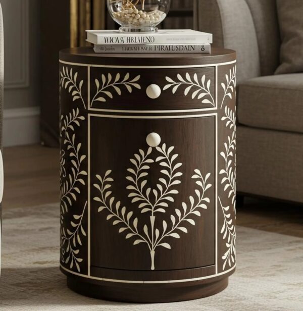 Brown Bone Inlay Round Bedside Table – Floral Nightstand