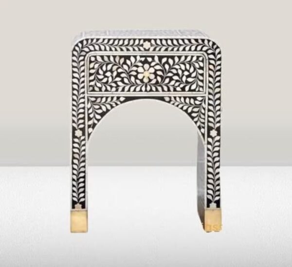 Black & White Bone Inlay Bedside Table – Floral Nightstand