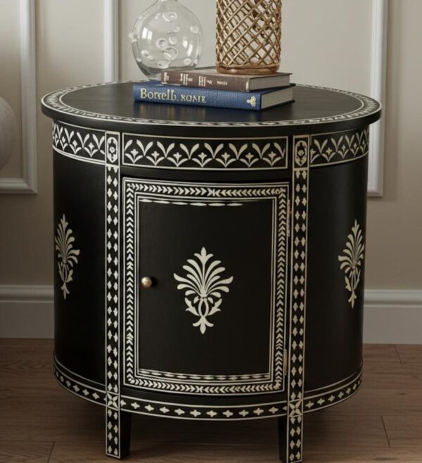 Black Bone Inlay Round Bedside Table – Floral Nightstand