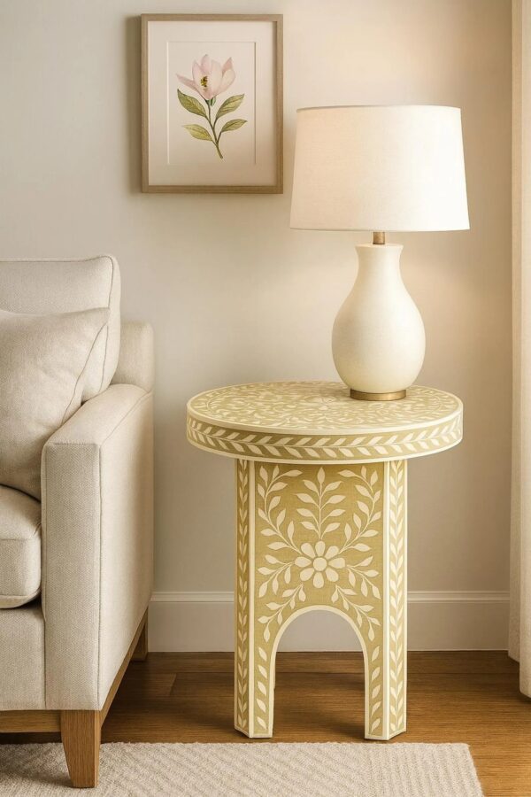 Floral Bone Inlay Side Table – Handmade Boho Accent