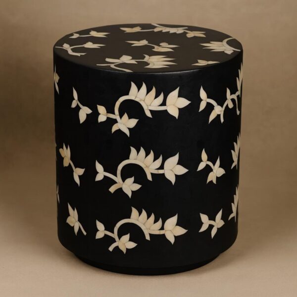 Black Floral Bone Inlay Side Table – Handmade Round Accent