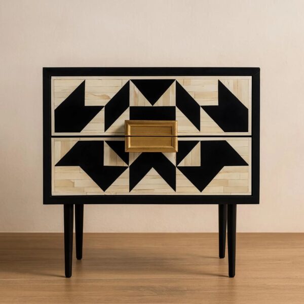 Black & Ivory Bone Inlay Bedside Table – 2-Drawer Nightstand