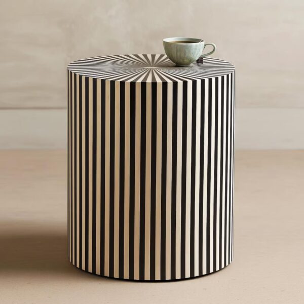 Natural Black Bone Inlay Drum Side Table – Handmade Round Accent