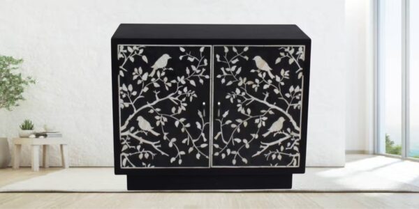 Black Bone Inlay Chest of Drawers – Floral Bird Pattern Dresser