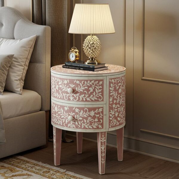 Pink Bone Inlay Round Side Table – Floral Vine Accent Table