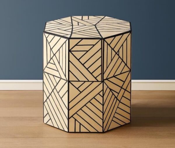Black & White Bone Inlay Geometric Side Table – Octagonal Accent