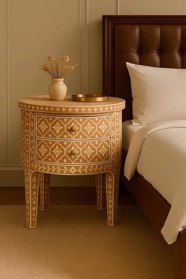 Handcrafted Bone Inlay Nightstand – Floral Resin Bedside Table