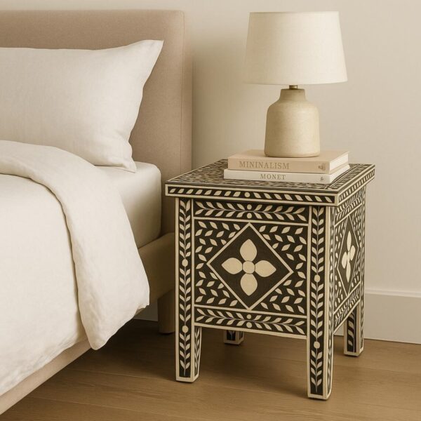 Black & White Bone Inlay Side Table – Handmade Floral Bedside