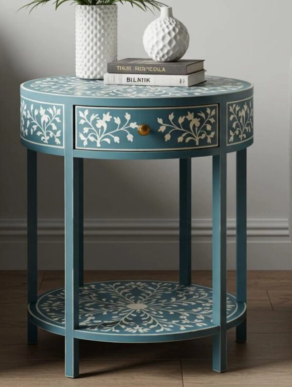 Handmade Bone Inlay Bedside Table – Nightstand with Drawer