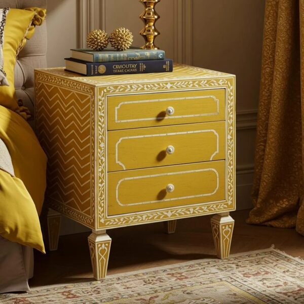Handcrafted Bone Inlay Nightstand: Yellow Chevron Bedside Table: