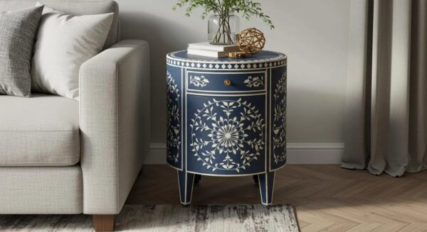 Blue Bone Inlay Round Bedside Table – Floral Nightstand