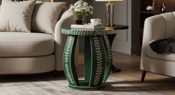 Green Bone Inlay Round Side Table – Floral Nightstand