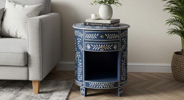 Blue Bone Inlay End Table – Leaf Design Round Nightstand