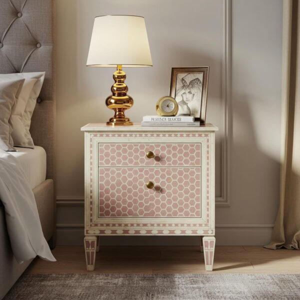 Pink Bone Inlay Nightstand – Handmade Honeycomb Bedside