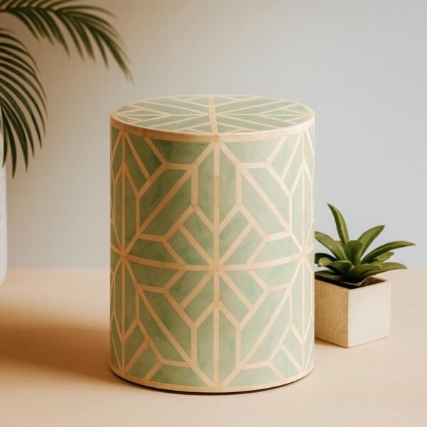 Bone Inlay Florida Bedside Table – Designer Round Drum Accent