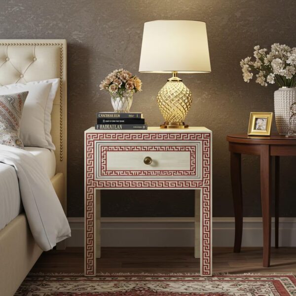 Red Bone Inlay Nightstand – Handmade Greek Key Bedside Table