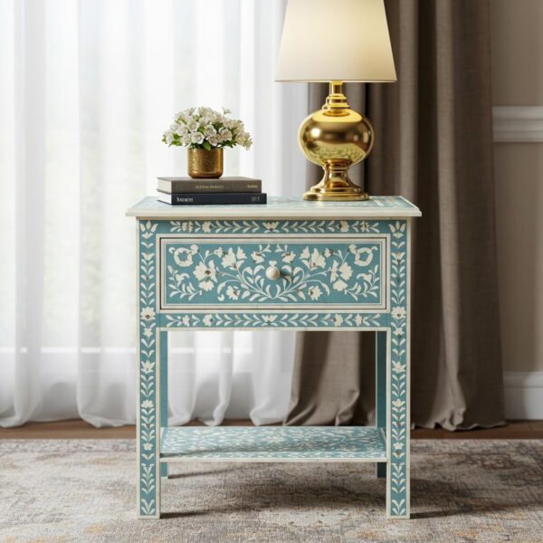Sky Blue Bone Inlay Nightstand – Floral Bedside Table