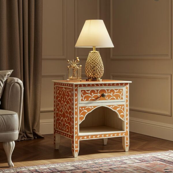 Orange Bone Inlay Nightstand – Handmade 1 Drawer Bedside