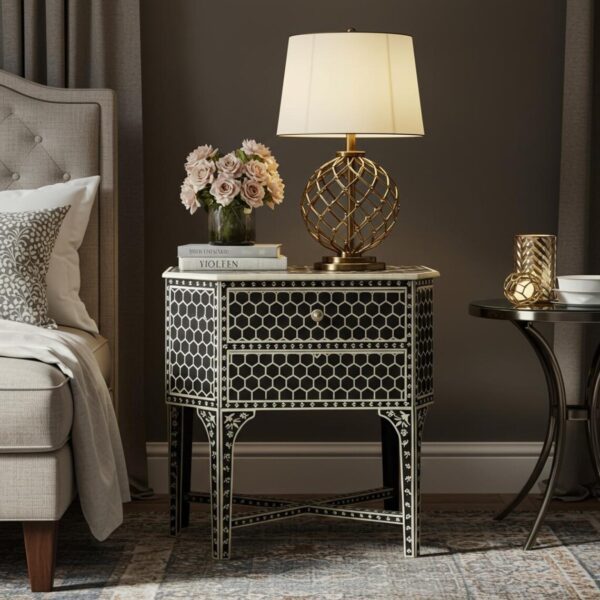 Black Bone Inlay Nightstand – Handmade Honeycomb 1-Drawer Bedside