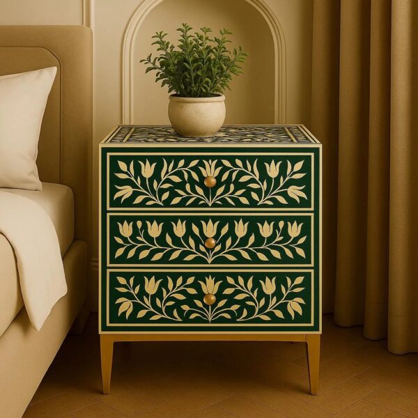 Handcrafted green floral bone inlay nightstand