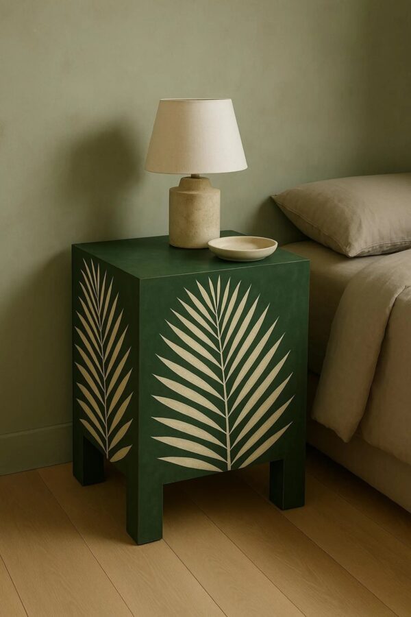 Green Bone Inlay Nightstand – Handmade Palm Leaf Resin Accent Table