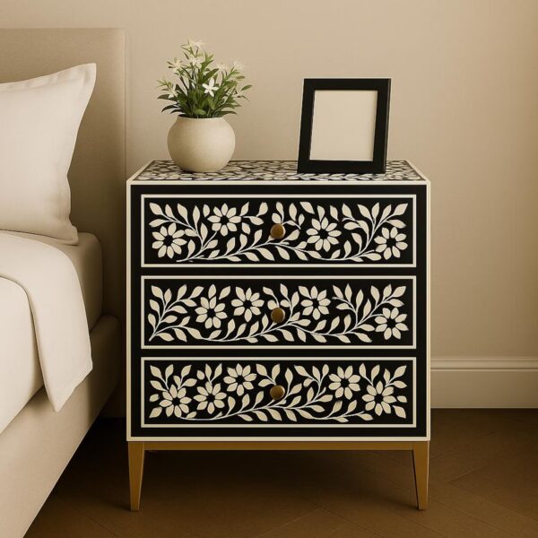 Floral Bone Inlay Nightstand – Black & White Resin End Table