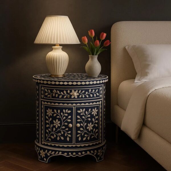 Floral Bone Inlay End Table – Navy Resin Bohemian Nightstand