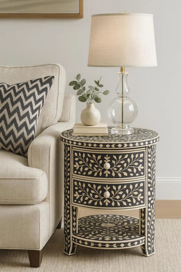 Black Bone Inlay Round Bedside Table – Floral Nightstand with Drawer
